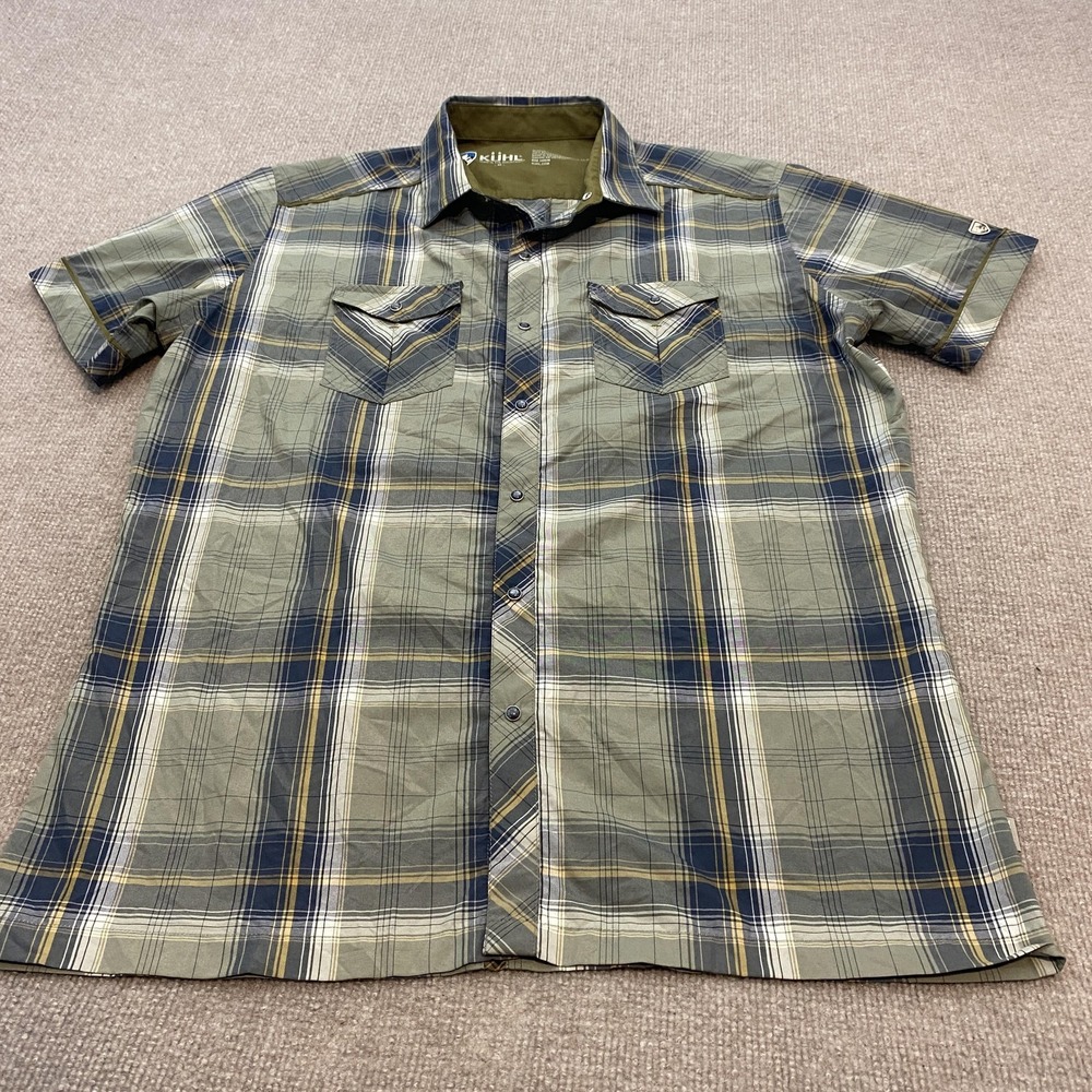 Kuhl Shirt Mens Medium Green‎ Plaid Short Sleeve Snap Front Outdoor Hiking